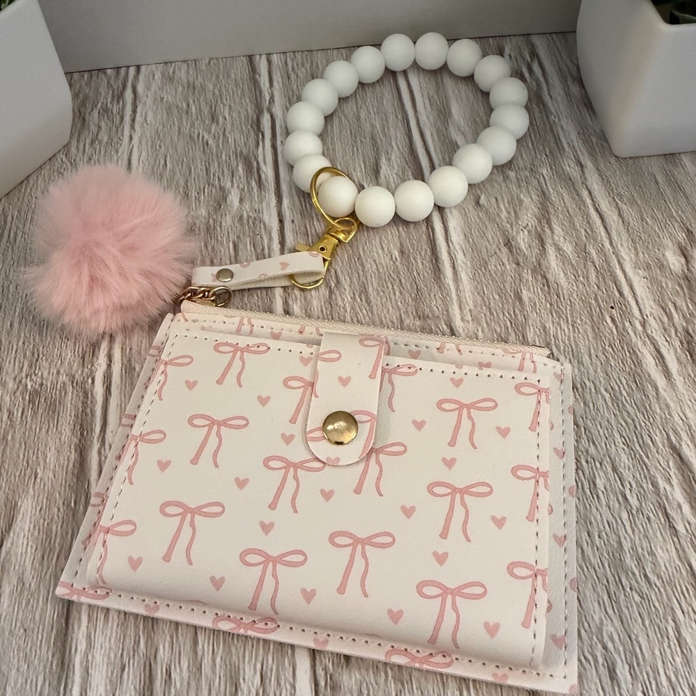 Pink Bow Print Wristlet Wallet with Pom Keychain
